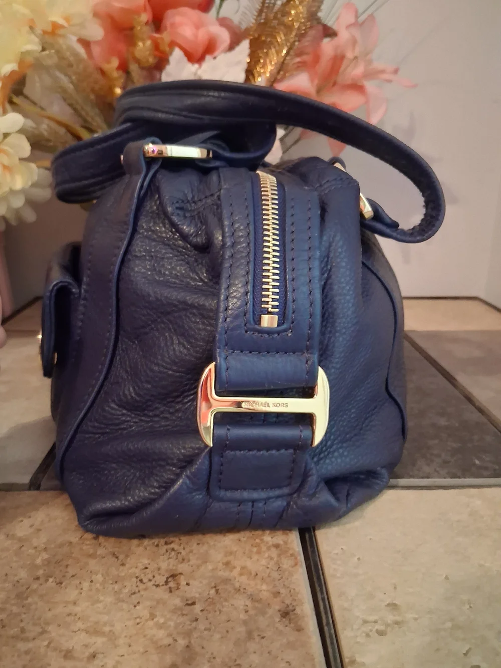 Michael Kors Navy Leather Slouchy Barrel Bag with Gold Hardware